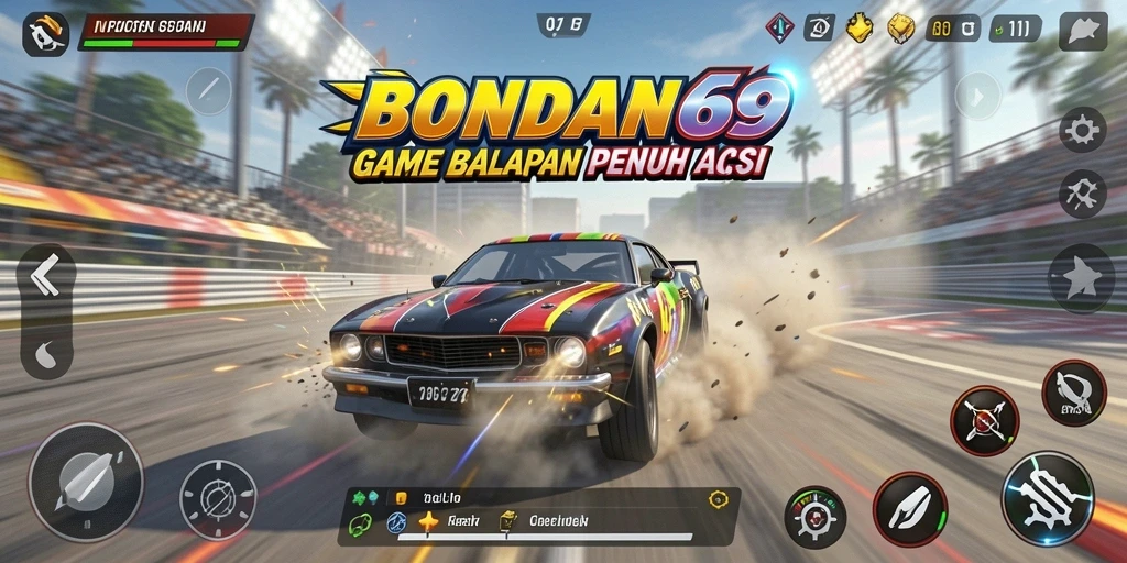 Tampilan gameplay seru Racing di BONDAN69 dengan mobil balap cepat.