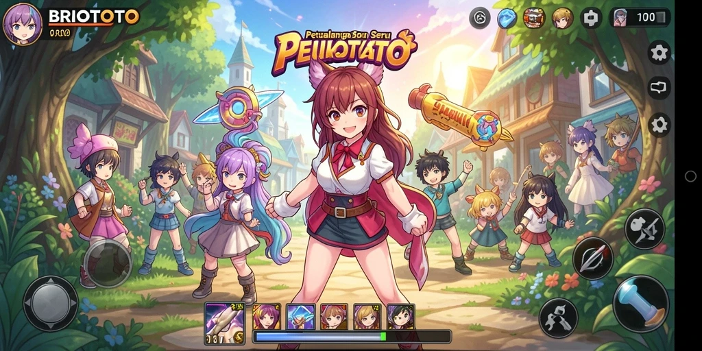Tampilan gameplay BRIOTOTO dengan aksi karakter Anime yang dinamis.