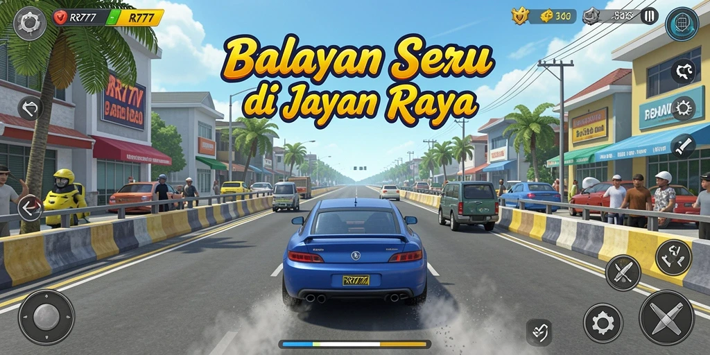 Screenshot gameplay RR777 dengan mobil balap di lintasan yang menantang.