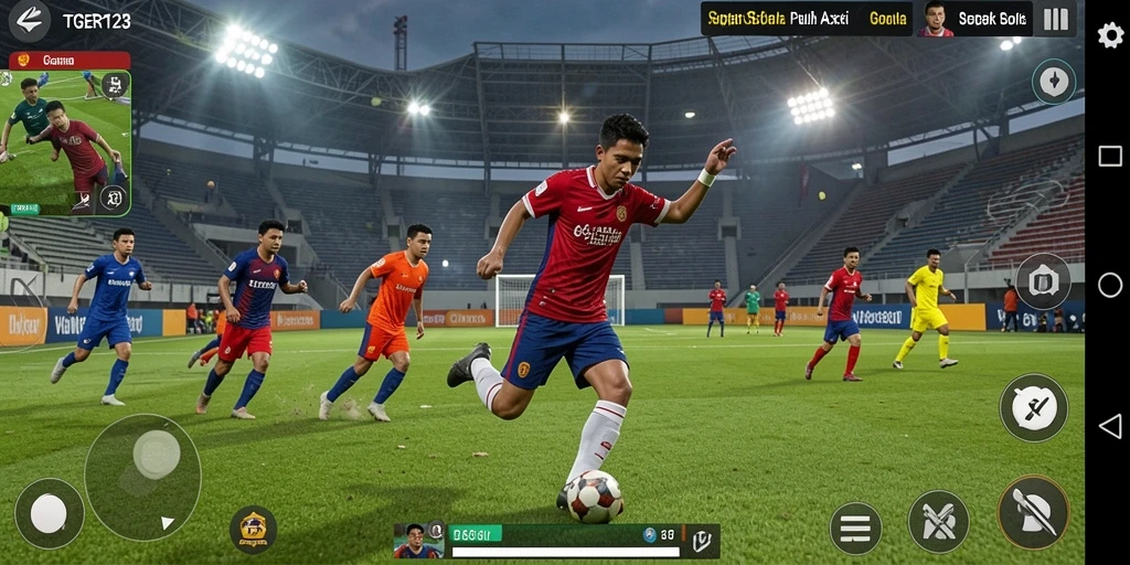 Screenshot gameplay TGER123 yang menampilkan aksi di lapangan sepak bola.